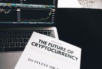 Ilustrasi seorang individu sedang mempelajari grafik harga Bitcoin di layar laptop, dengan dompet digital dan koin Bitcoin fisik sebagai simbol investasi aset digital. Gambar ini merepresentasikan proses riset dan analisis yang perlu dilakukan investor pemula sebelum terjun ke dunia kripto.